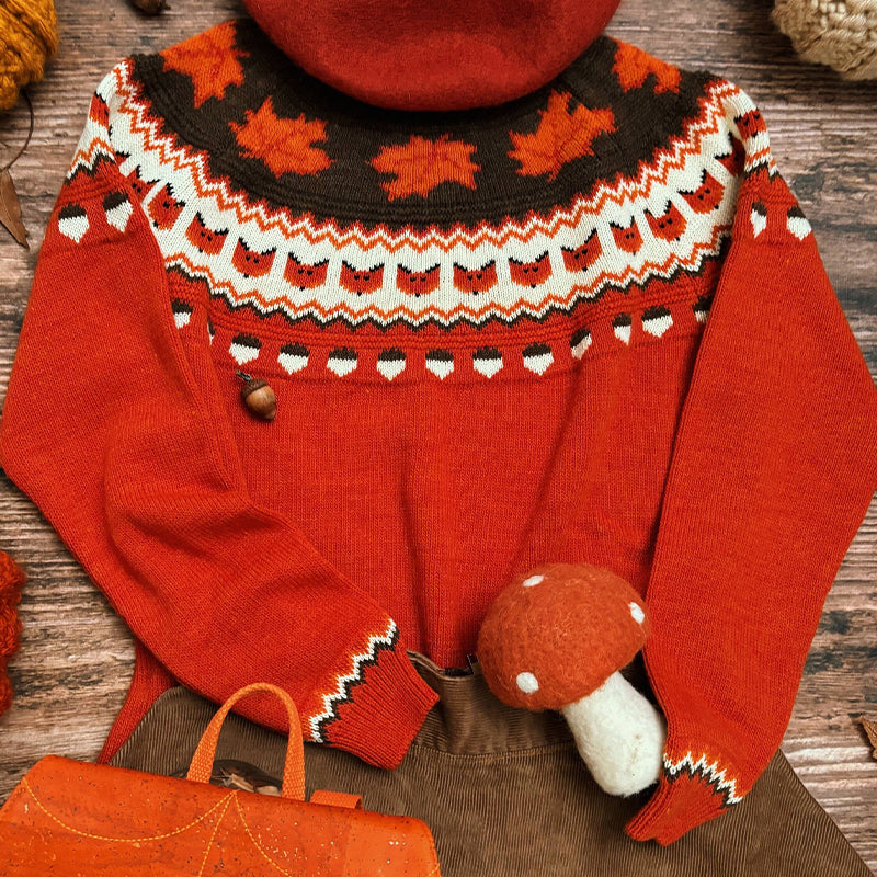 Fallen Leaf Fox Print Crew Neck Sweater artswardrobe