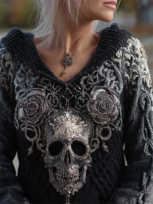 Elegant Skull & Roses Beaded Hooded Cozy Knit Sweater artswardrobe