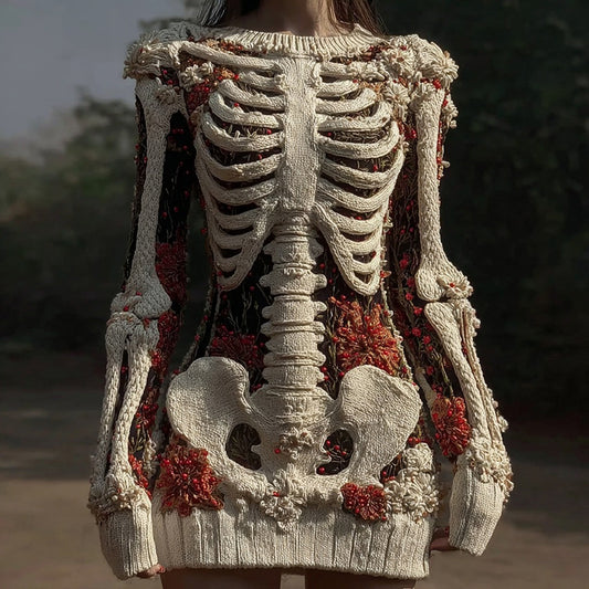 Women's Vintage Skull Floral Art Cozy Sweater Dress artswardrobe