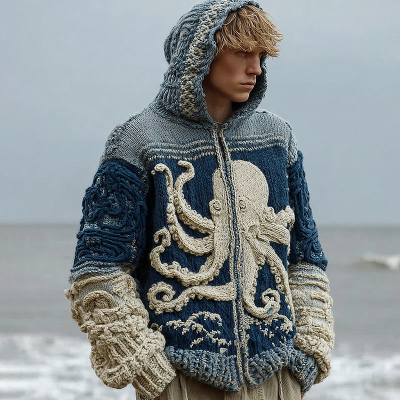 Men's Japanese Octopus Art Cozy Knit Zip Up Hooded Sweater artswardrobe
