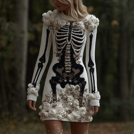 Classy Skull And Roses Art Cozy Knit Sweater Dress artswardrobe