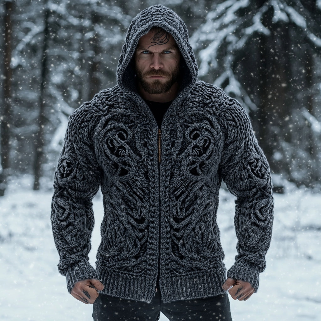 Viking Chunky Knit Jacquard Zip-up Hooded Sweater artswardrobe