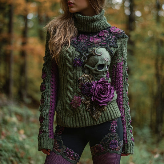 Women's Retro Sugar Skull And Rose Contrast Jacquard Cozy Warm Turtleneck Sweater elevenforest