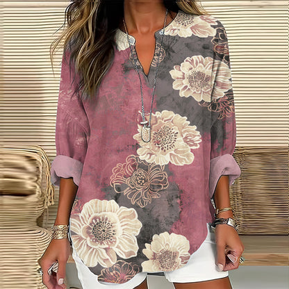 Comstylish Vintage Floral Print V-Neck Long Sleeved Blouse