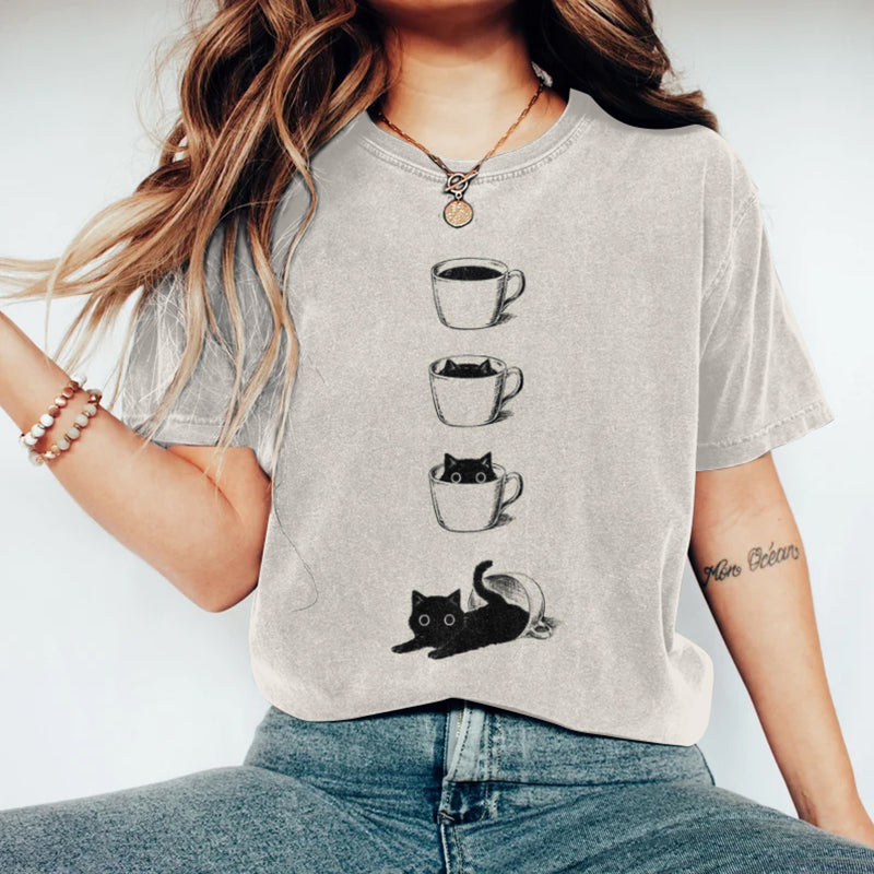Comstylish Abstract Creative Black Cats In Coffee Cup Art Print T-shirt