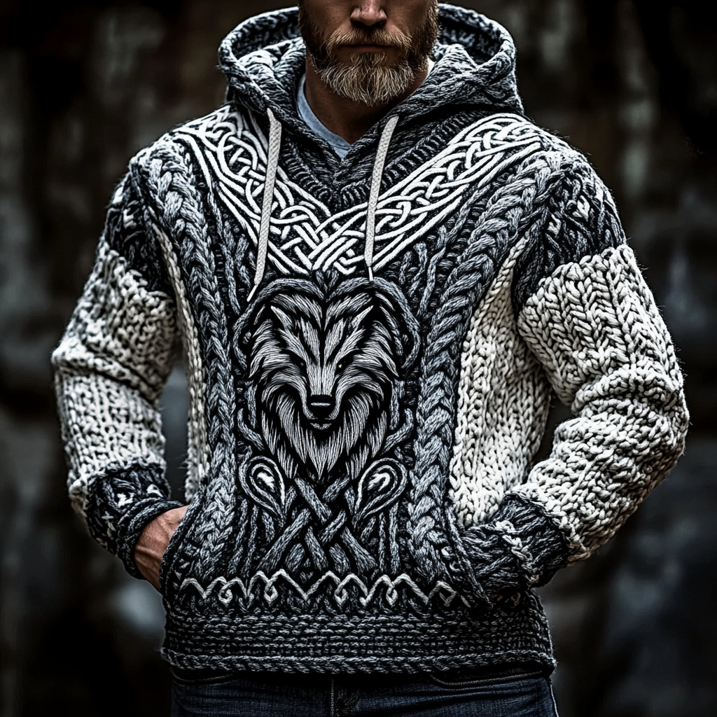 Men's Viking Wolf Inspired Celtic Chunky Hooded Sweater artswardrobe