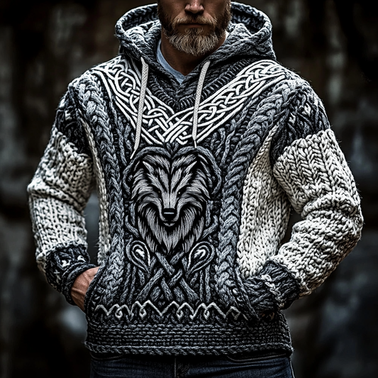 Men's Viking Wolf Inspired Celtic Chunky Hooded Sweater artswardrobe
