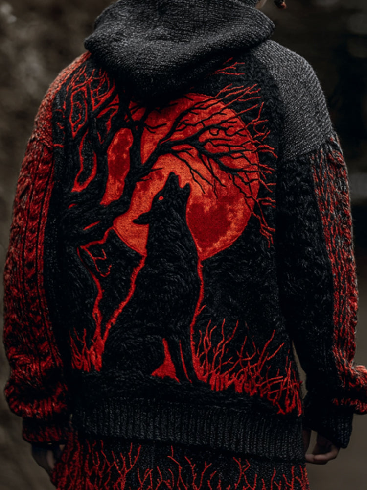 Halloween Tree Of Life Wolf Howl Embroidery Splicing Hoodie Sweater artswardrobe