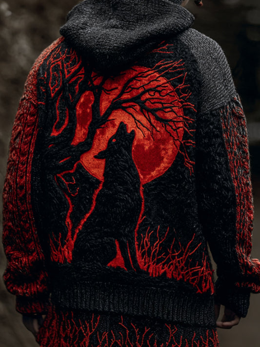 Halloween Tree Of Life Wolf Howl Embroidery Splicing Hoodie Sweater artswardrobe