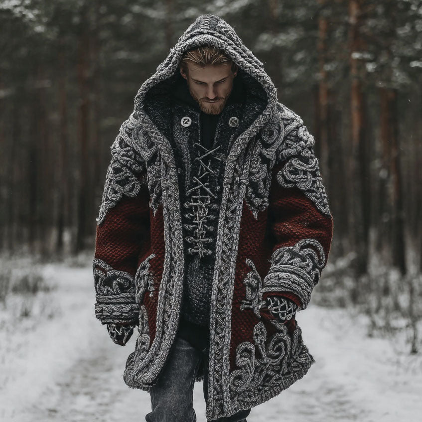 Men's Viking Celtic Knot Contrast Cozy Midi Cardigan Sweater artswardrobe