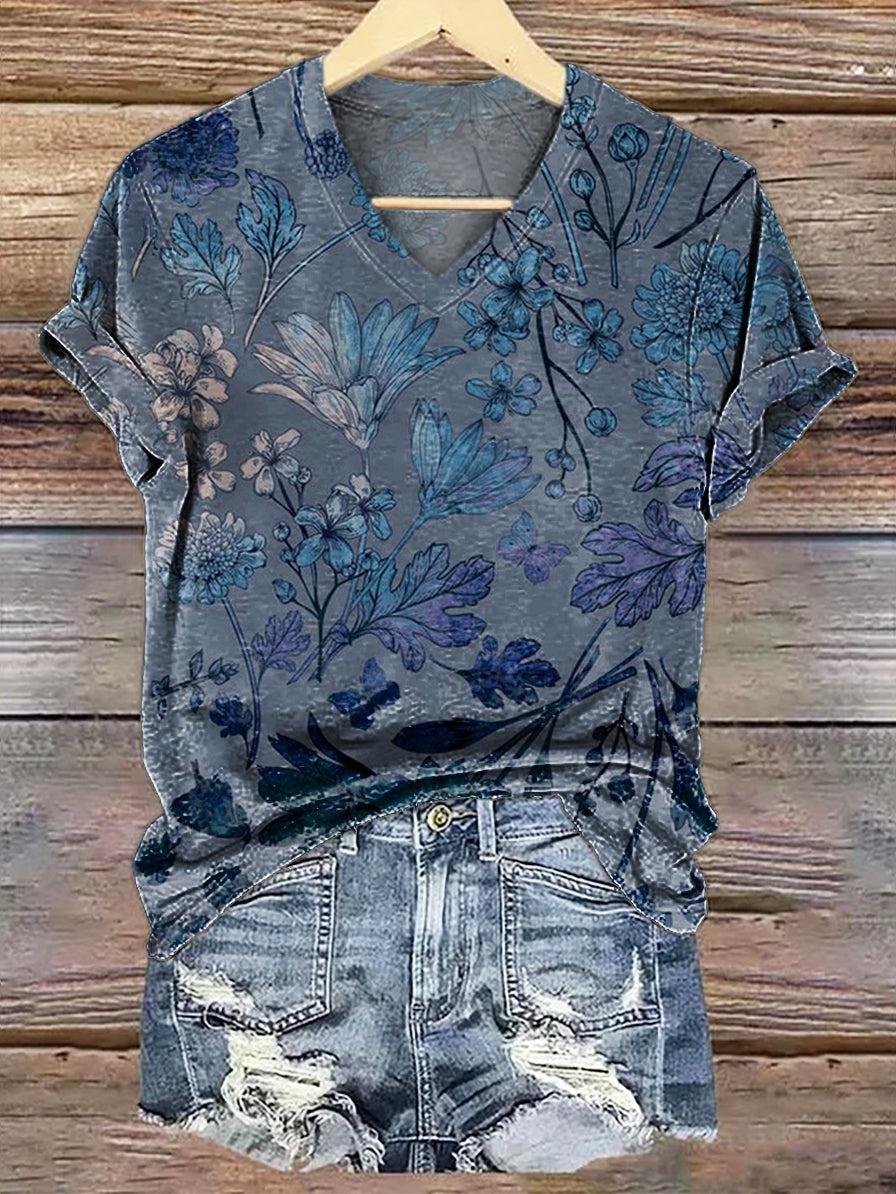 Women's Vintage Ethnic Floral Art Print V-neck Casual T-Shirt