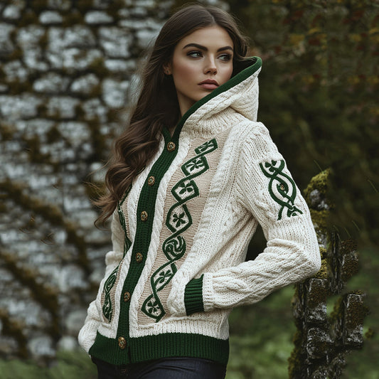 Women's Contrast Clover Jacquard Pocket Hooded Aran Sweater elevenforest