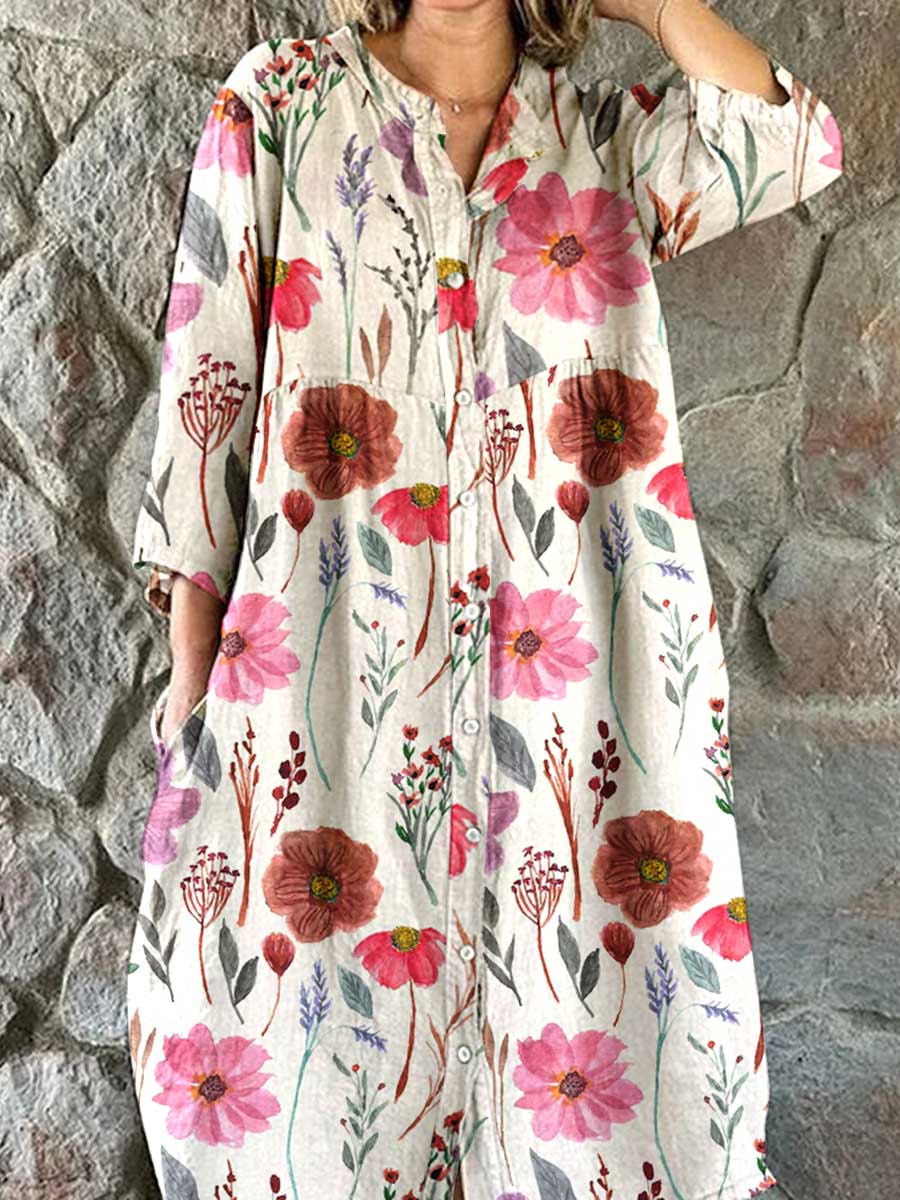 Women's Artistic Floral Pattern Cotton Shirt Dress