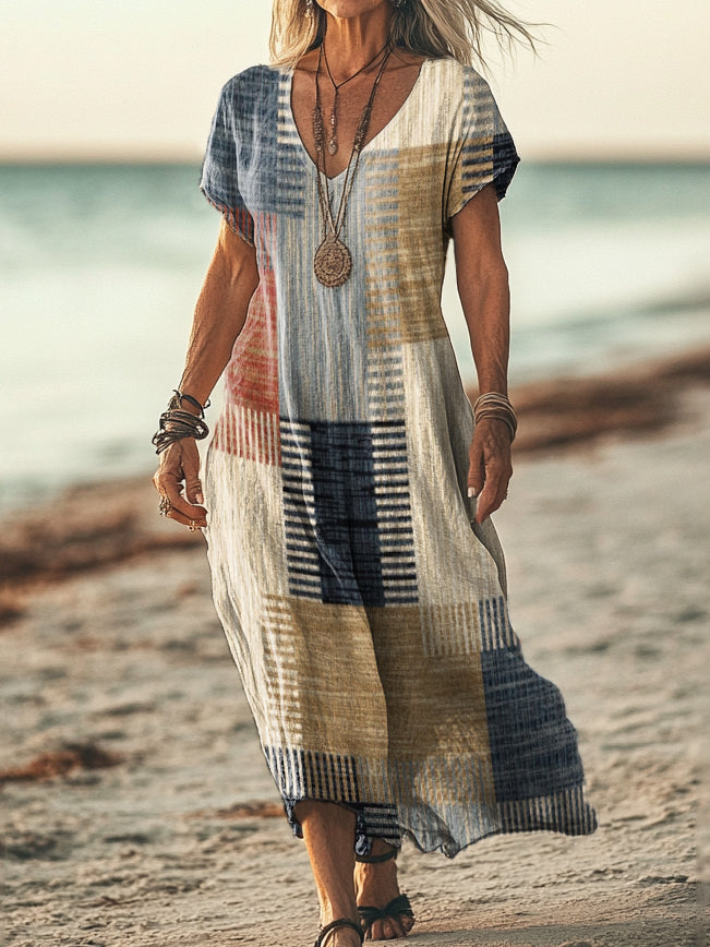 Women's Retro Ethnic Geometric Art Pattern Print Pocket Cotton Dress