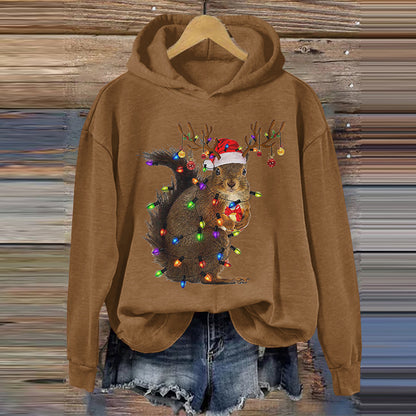 Comstylish Christmas Squirrel Lights Print Hoodie