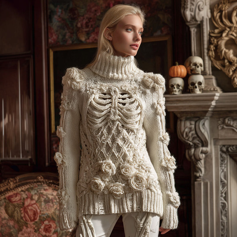 Halloween Classic Rose Skeleton Jacquard Turtleneck Aran Sweater artswardrobe