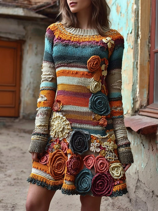 Retro Bohemia Flower Crochet Striped Midi Sweater Dress artswardrobe