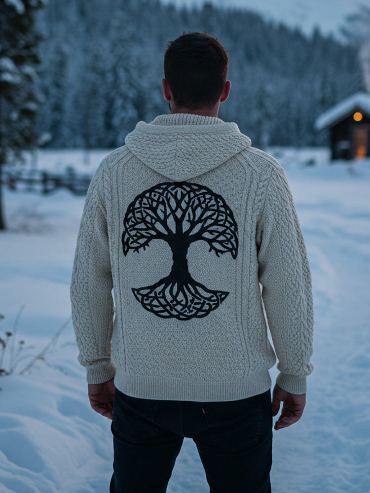 Men's Viking Tribal Tree Of Life Celtic Chunky Knit Hooded Sweater elevenforest