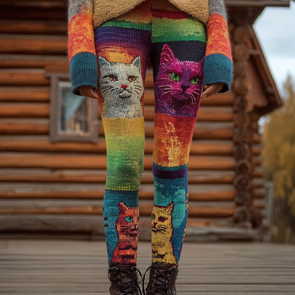 Comstylish Retro Oil Painting Style Cute Cat Pattern Women's Knitted Tight-fitting Leggings
