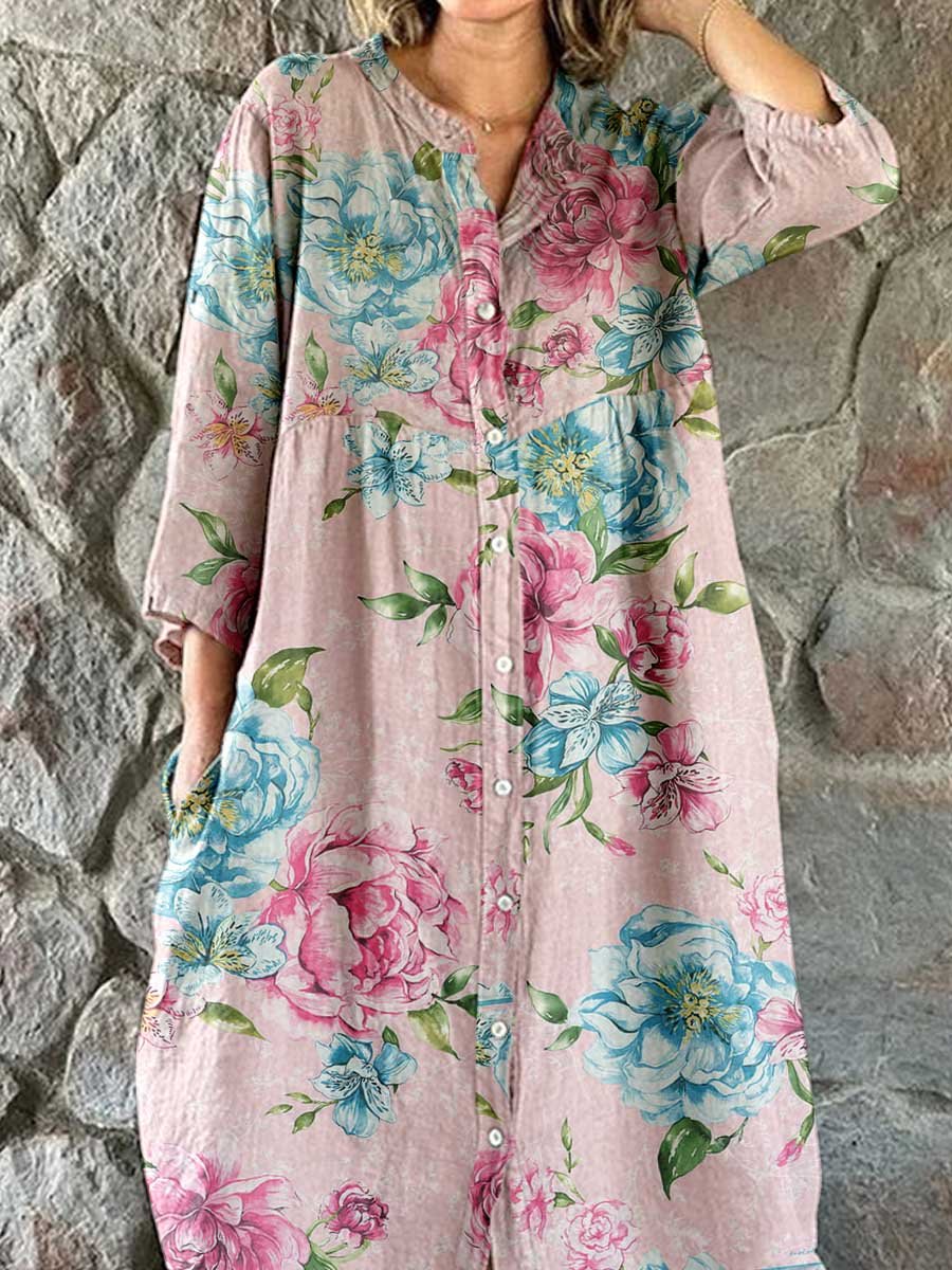 Women's Rose Floral Art Print Cotton and Linen Shirt Dress