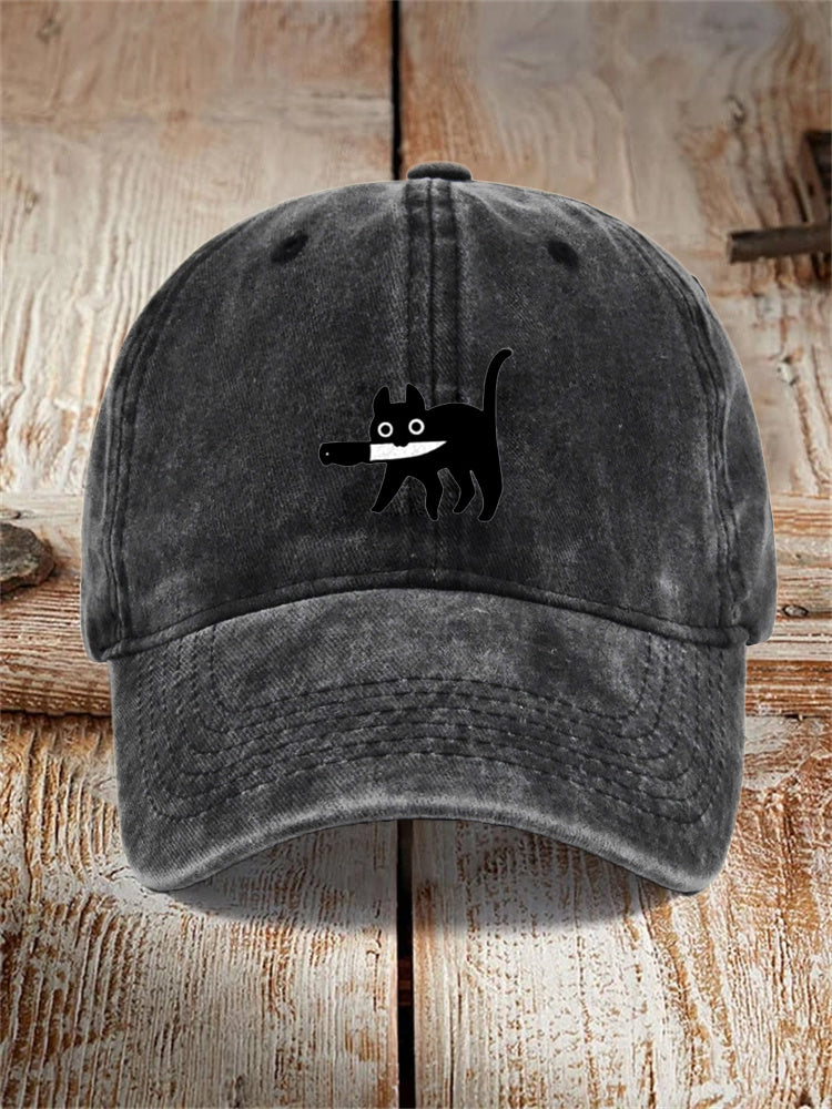 Comstylish Funny Black Cat Print Washed Hat