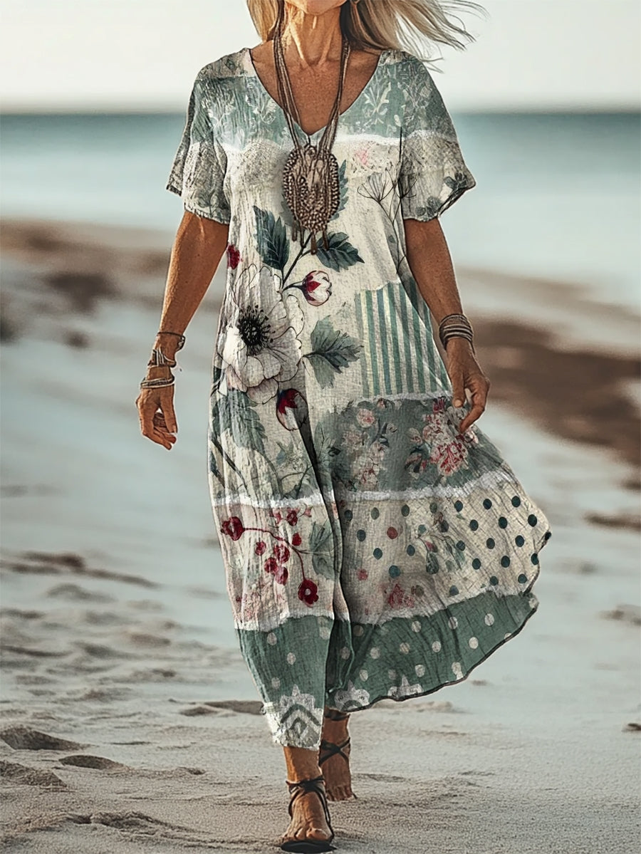 Women's Simple Floral Collage Art Print V Neck Pocket Cotton Dress