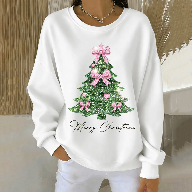 Comstylish Women's Christmas Tree Print Crew Neck Casual Sweatshirt