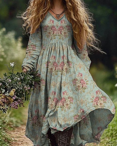 Retro Boho Floral Art Print Vintage Chic V-Neck Long Sleeve Midi Dress