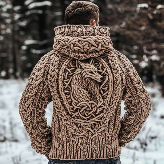 Men's Viking Wolf Jacquard Celtic Style Knitted Hooded Sweater elevenforest
