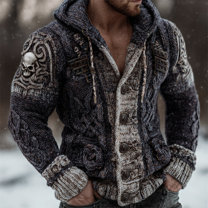 Men's Skulls Viking Celtic Knot Chunky Cozy Hooded Cardigan artswardrobe