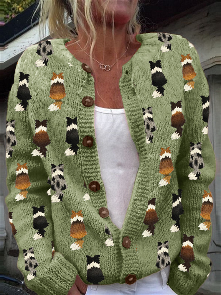 Comstylish Colorful Border Collie Embroidered Pattern Cozy Knit Cardigan