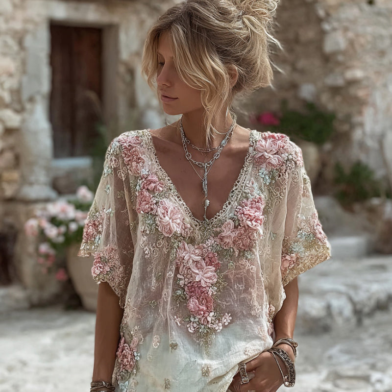 Women's Pink Floral Embroidered Art V-neck Short Sleeve Linen Blend T-shirt elevenforest