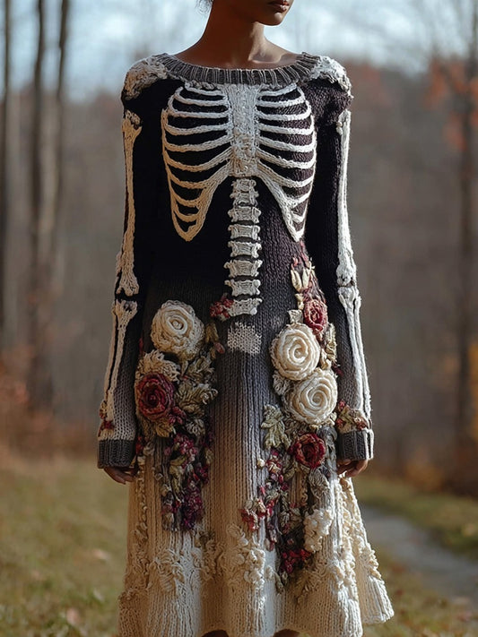 Classy Skeleton Roses Embroidered Cozy Sweater Dress artswardrobe