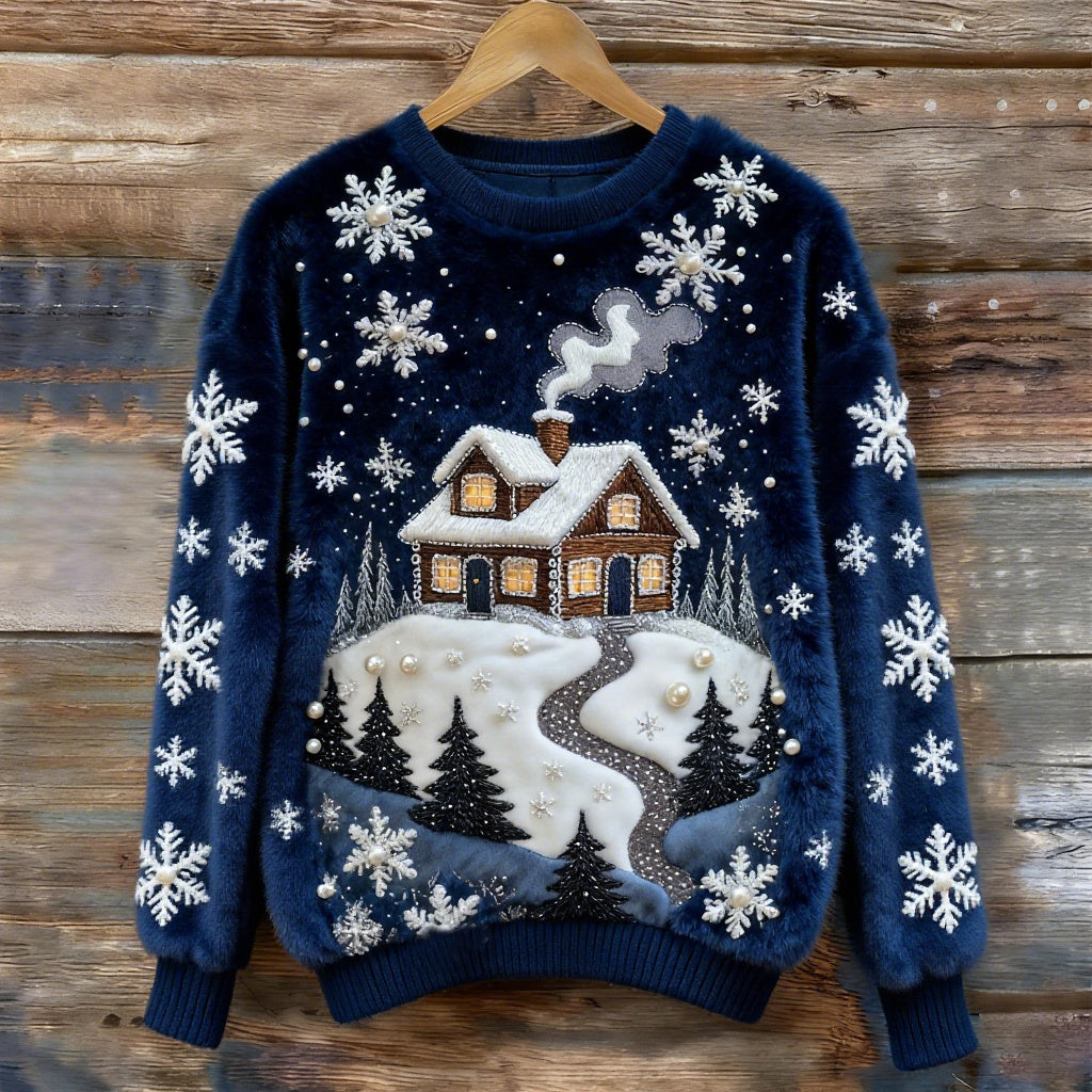 Comstylish Christmas Fairytale Town Snowflake Art Women's Cozy Plush Sweater