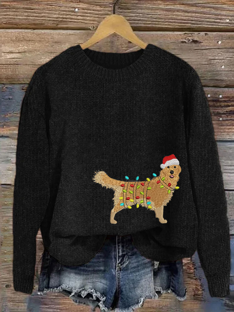 Comstylish Women's Christmas Golden Retriever Embroidery Print Sweater