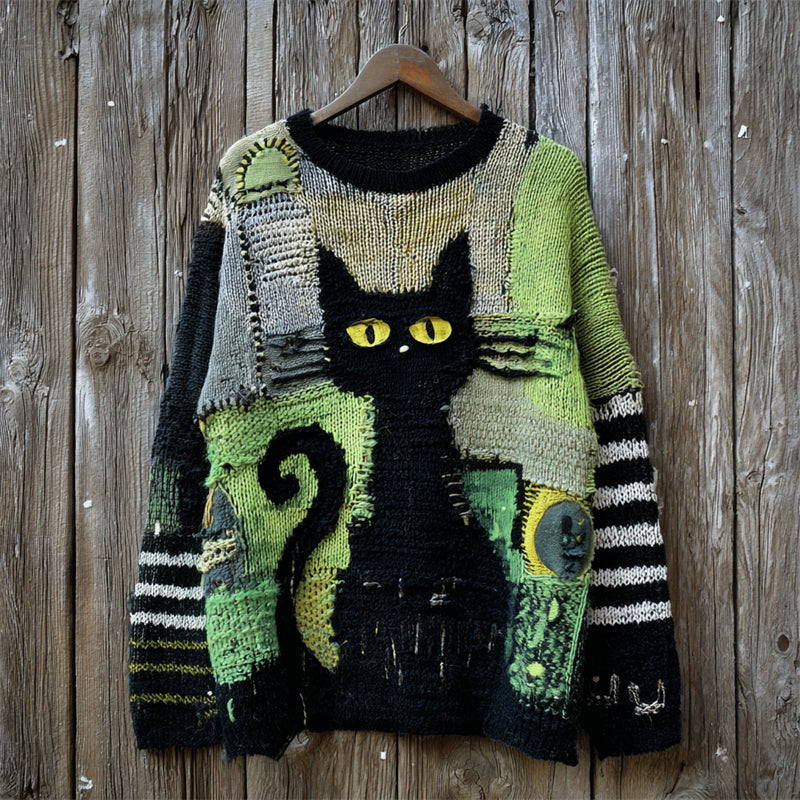 Halloween Witch Black Cat Striped Patchwork Cozy Knit Sweater