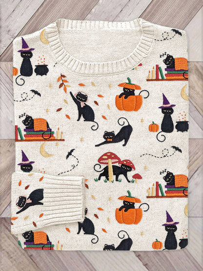 Halloween Black Cat Pumpkin Embroidery Pattern Sweater artswardrobe
