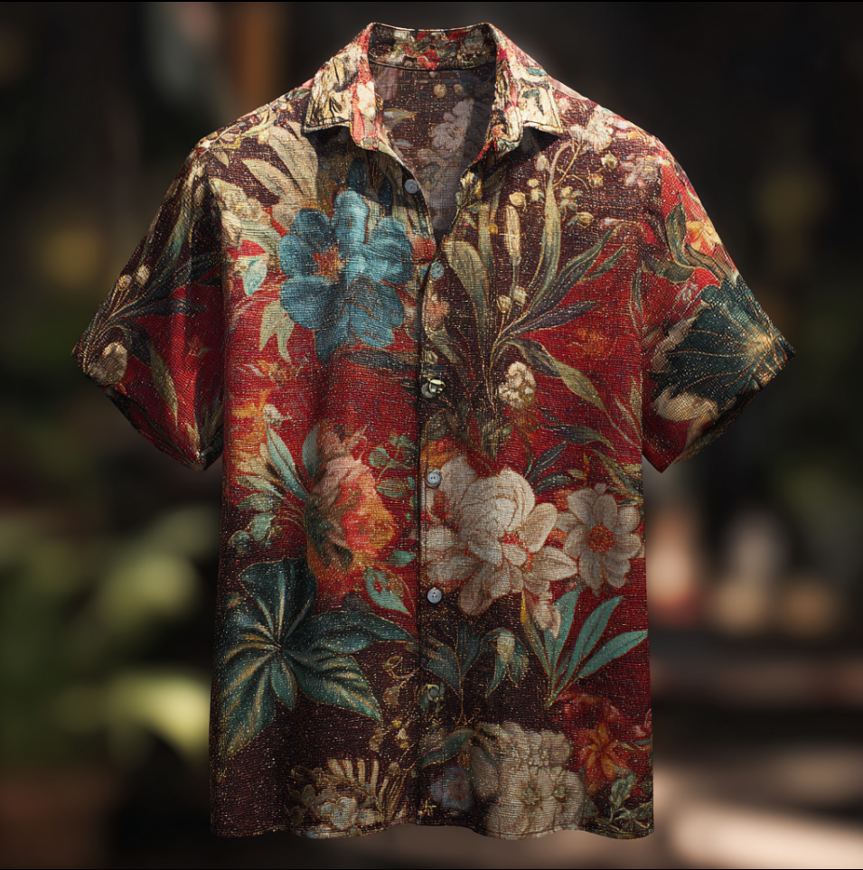 Bohemian Style Plant And Flower Pattern Men's Retro Cotton And Linen Shirt artswardrobe