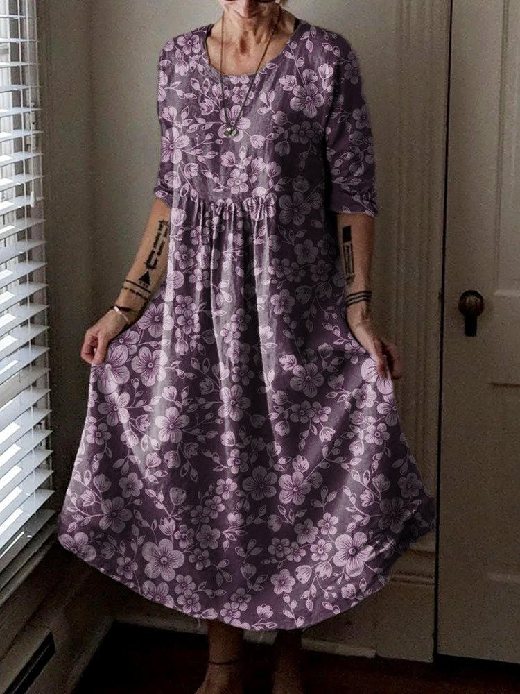 Women's Vintage Floral Art Print Pocket Cotton Dress