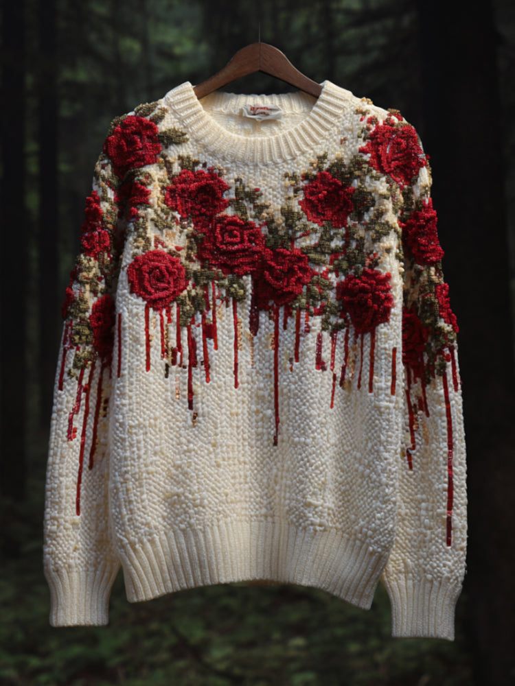 Women's Halloween Blood Stained Roses Make Old Round Neck Sweaters artswardrobe