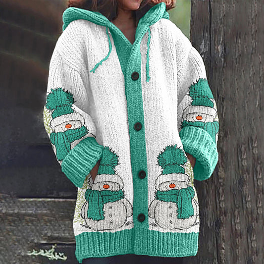 Vintage Christmas Snowman Embroidery Knitted Warm Cardigan Sweater elevenforest