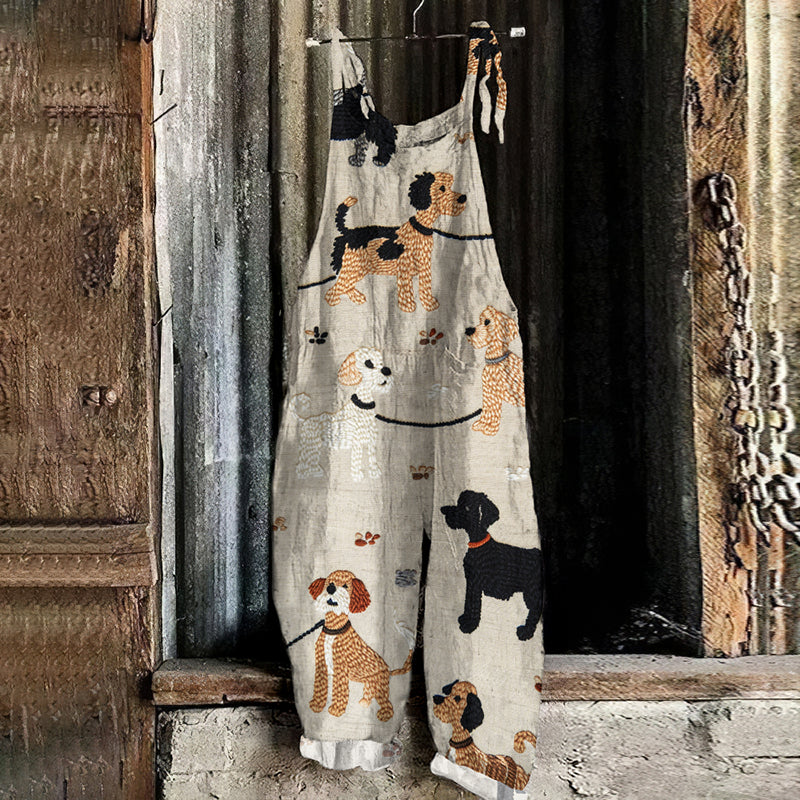Comstylish Casual Embroidered Walking The Cute Dog Art Print Loose Jumpsuit