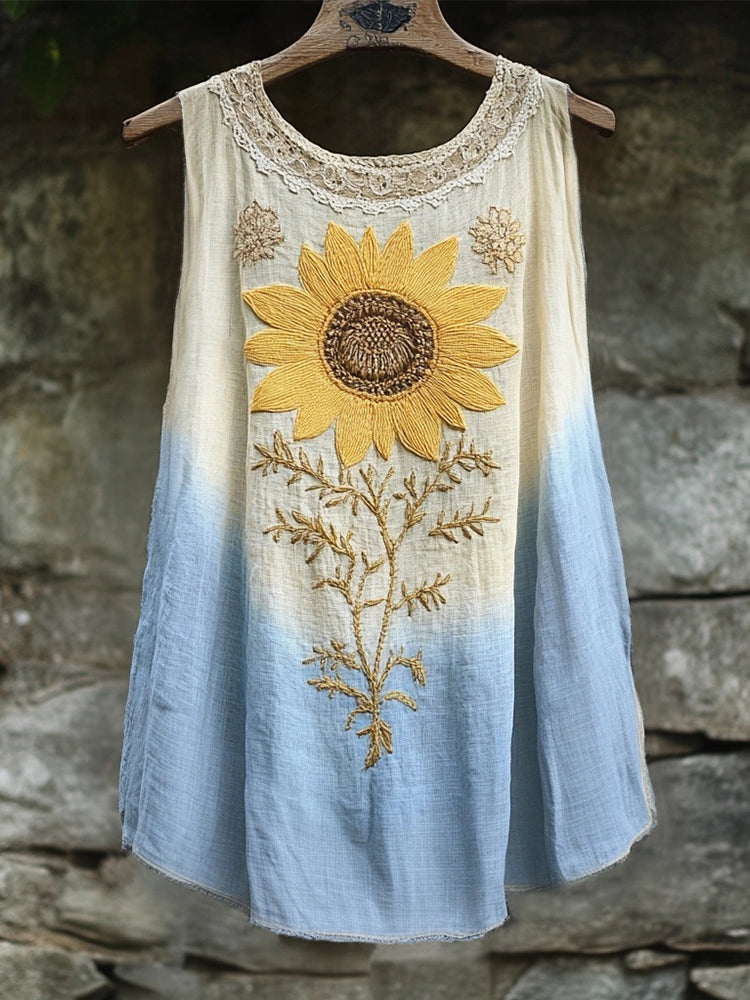 Retro Boho Sunflower Embroidered Linen Tank Top artswardrobe