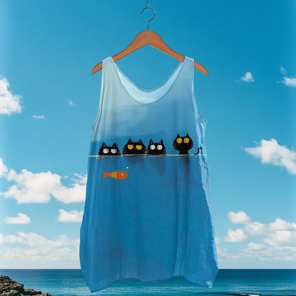 Comstylish Women's Retro Funny Cat And Fish Art Pattern V-neck Vest