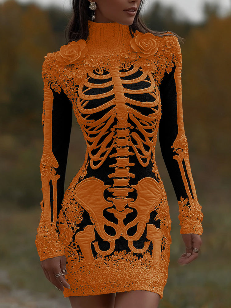 Women's Halloween Skeleton Bones With Rose Art Cozy Knit Turtleneck Mini Sweater Dress artswardrobe