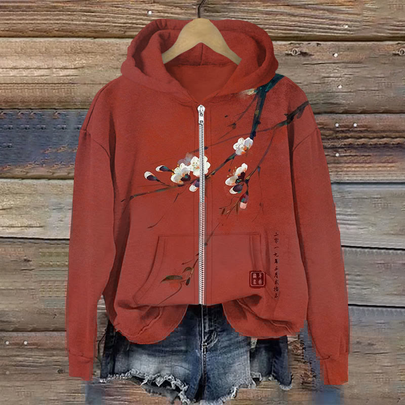 Comstylish Japanese Art Sakura Print Long Sleeves Zip Hoodie