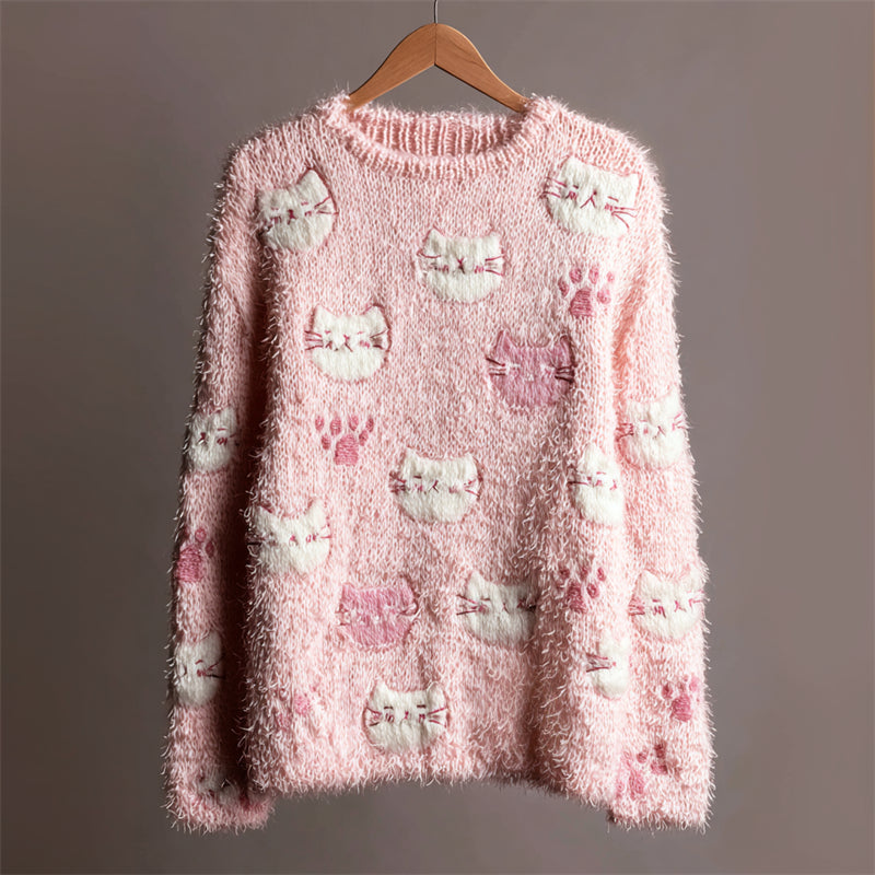 Lovely Cats Paw Prints Embroidered Cozy Fuzzy Sweater artswardrobe