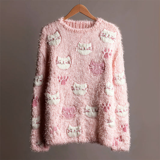 Lovely Cats Paw Prints Embroidered Cozy Fuzzy Sweater artswardrobe