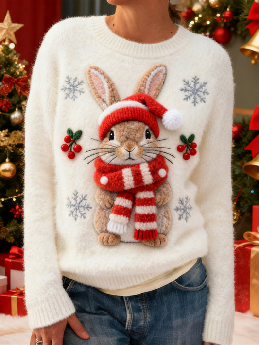 Christmas Scarf Rabbit Women's Plush Sweater