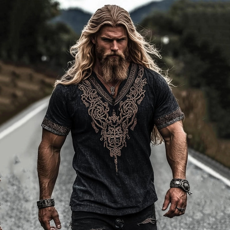 Men's Retro Viking Celtic Knot Art Linen Casual T-shirt artswardrobe